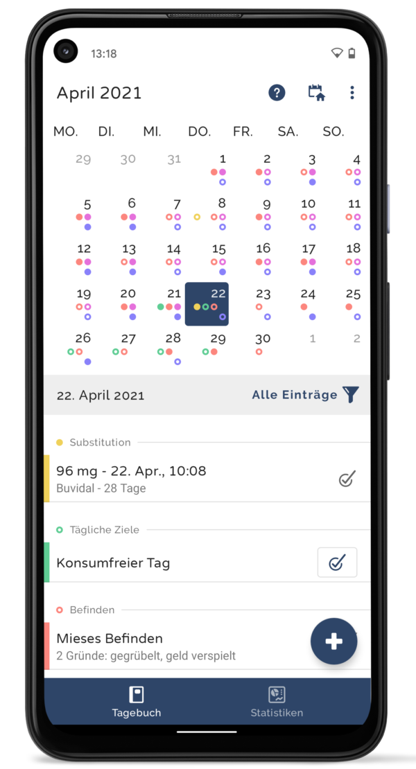 Kalenderansicht mit Überblick über die Eintragungen in der App Checkpoint-S
