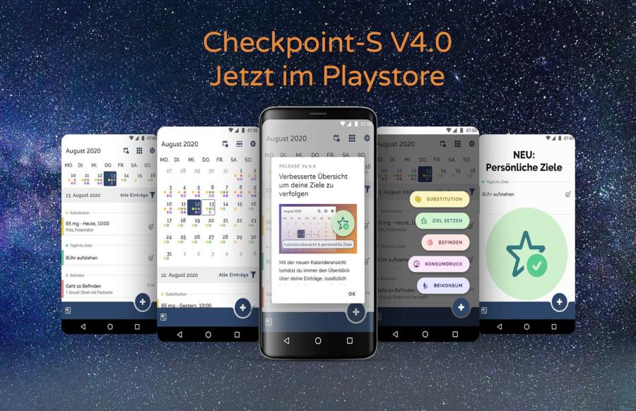 Checkpoint-S V4.0 - Jetzt im Playstore, Schriftzug mit fünf Smartphone-Bildschirmen, die die neuen Funktionen zeigen. Kalenderansicht und eigene Ziele